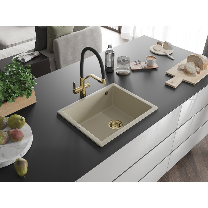 Mexen Pedro granitinė virtuvės plautuvė 1-skyriumi 560 x 460 mm, smėlio spalvos, auksinis sifonas - 6508561000-69-G