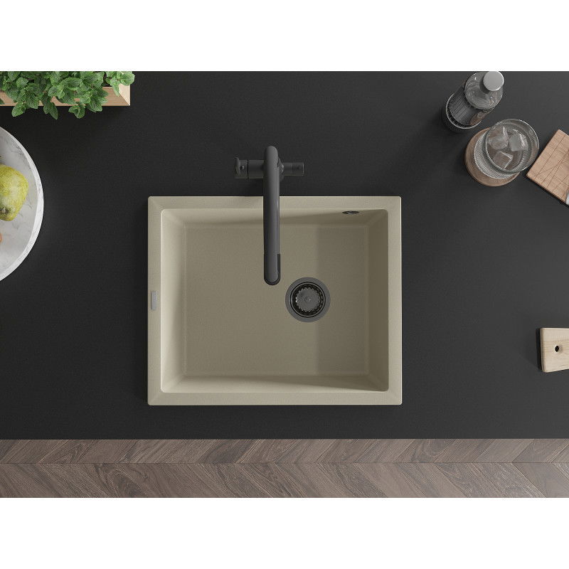 Mexen Pedro granitinė virtuvės kriauklė, 1 skyrius, 560 x 460 mm, smėlio spalvos, juodas sifonas - 6508561000-69-B