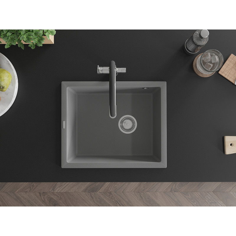 Mexen Pedro granitinis virtuvės kriauklė su viena kamera 560 x 460 mm, pilkas, chromuota sifonas - 6508561000-71