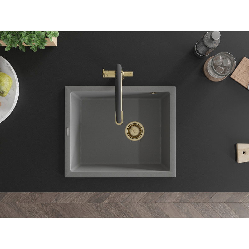 Mexen Pedro granito plautuvė 1-komorinis 560 x 460 mm, pilkas, auksinis sifonas - 6508561000-71-G