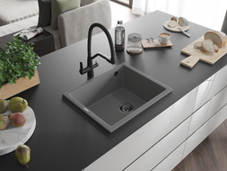 Mexen Pedro vienguba granitinė plautuvė 560 x 460 mm, Pilka, sifonas Juoda - 6508561000-71-B