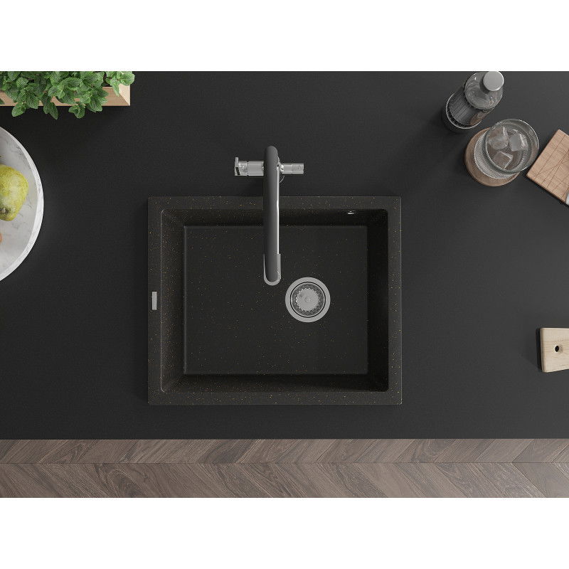 Mexen Pedro granito plautuvė 1-skyrius 560 x 460 mm, juoda/auksinė metalika, chromuotas sifonas - 6508561000-75