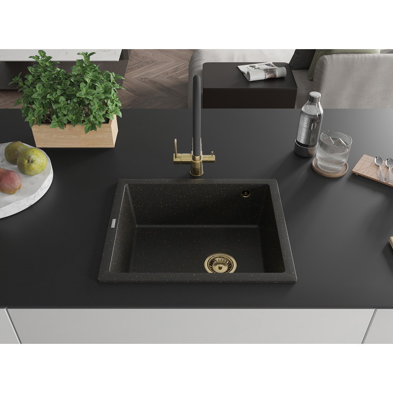 Mexen Pedro granitinė plautuvė 1 kamera 560 x 460 mm, juoda/auksinė metalo, aukso sifonas - 6508561000-75-G