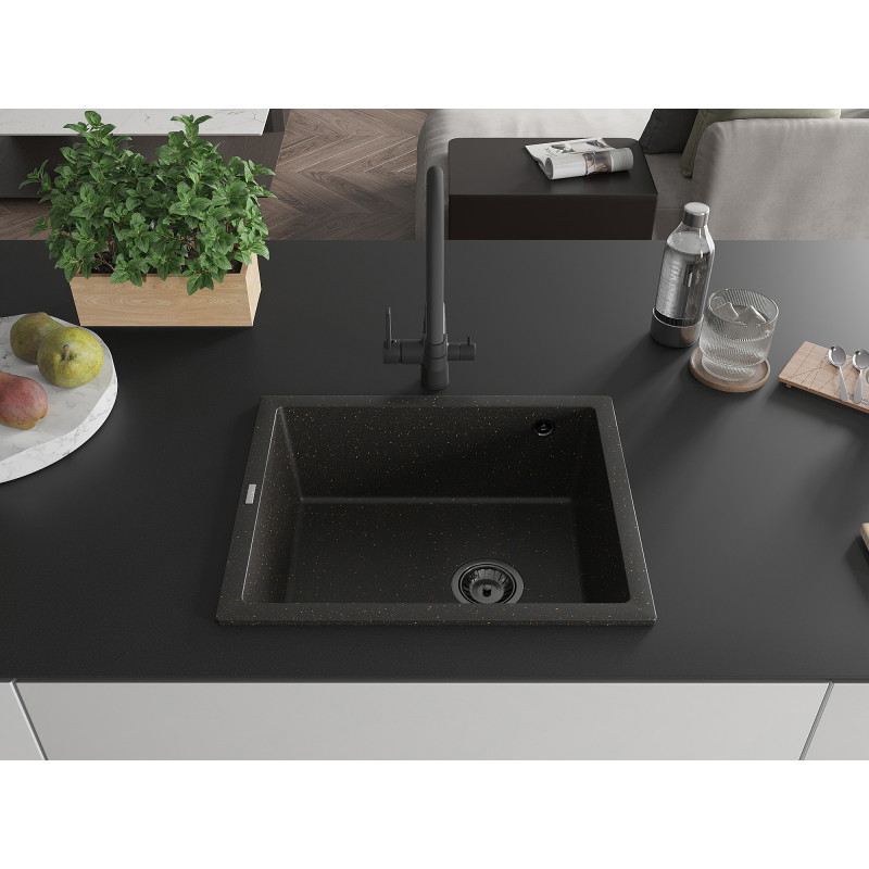 Mexen Pedro 1-dubens granitinė plautuvė 560 x 460 mm, juoda/auksinė metalo blizgesys, juodas sifonas - 6508561000-75-B