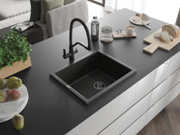Mexen Pedro 1-dubens granitinė plautuvė 560 x 460 mm, juoda/auksinė metalo blizgesys, juodas sifonas - 6508561000-75-B