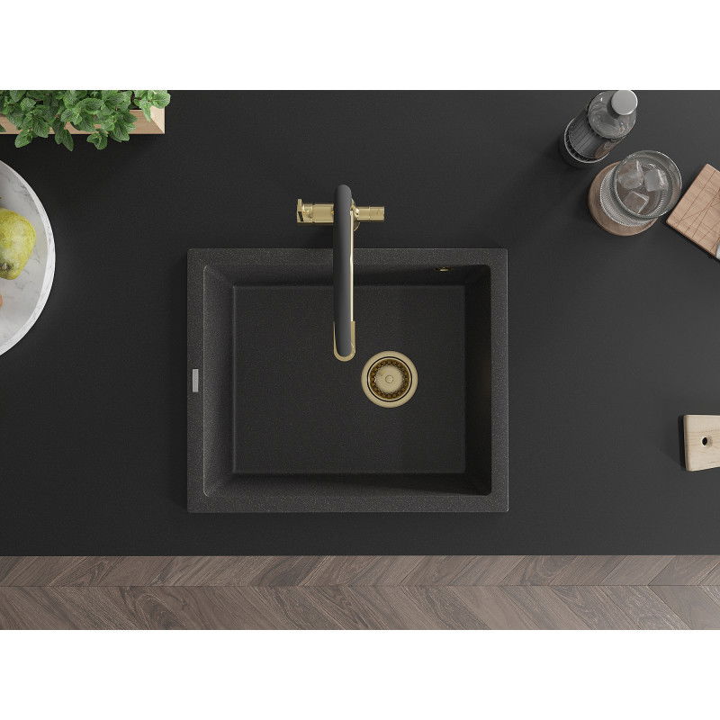 Mexen Pedro granitinis vienos kameros virtuvinis kriauklė 560 x 460 mm, juodas dėmėtas, sifonas auksinis - 6508561000-76-G