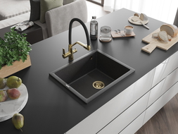 Mexen Pedro granitinis vienos kameros virtuvinis kriauklė 560 x 460 mm, juodas dėmėtas, sifonas auksinis - 6508561000-76-G