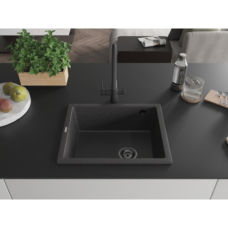 Mexen Pedro granito kriauklė vienos kameros 560 x 460 mm, juoda su taškeliais, juodas sifonas - 6508561000-76-B