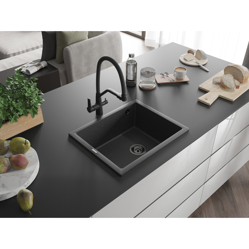 Mexen Pedro granito kriauklė vienos kameros 560 x 460 mm, juoda su taškeliais, juodas sifonas - 6508561000-76-B