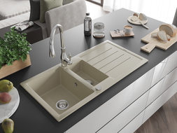 Mexen Andres granitinė 1,5 skylių plautuvė su nubėgimu ir virtuviniu maišytuvu Savita, smėlio spalvos - 6515-69-672601-00
