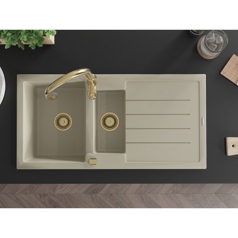 Mexen Andres granitinė 1,5 dubens kriauklė su nusausintuvu ir virtuviniu maišytuvu Savita, smėlio spalvos