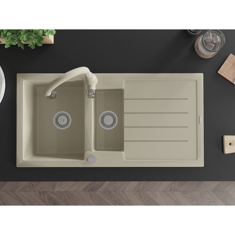 Mexen Andres 1,5 kamerų granitinė kriauklė su nusausintuvu ir virtuviniu maišytuvu Savita, smėlio spalvos