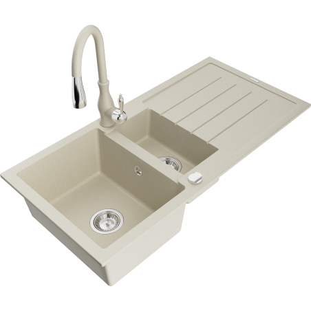 Mexen Andres 1,5 kamerų granitinė kriauklė su nusausintuvu ir virtuviniu maišytuvu Savita, smėlio spalvos