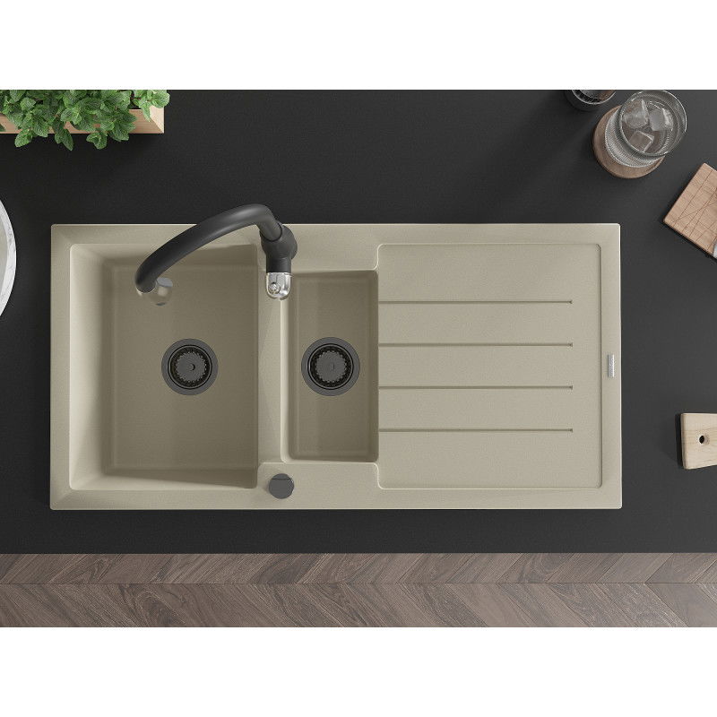 Mexen Andres granitinė 1,5 kameros plautuvė su nutekėjimo plokšte ir Savita virtuvine kriaukle, smėlio spalvos