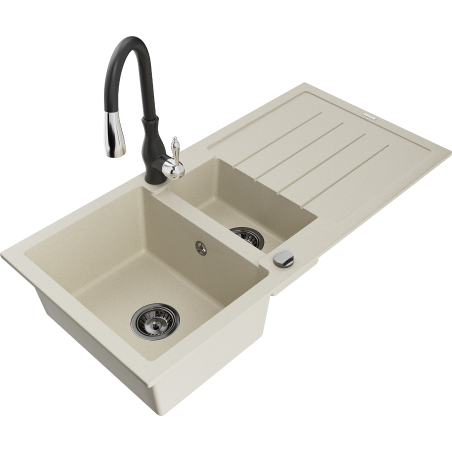 Mexen Andres granitinė 1,5 kameros plautuvė su nutekėjimo plokšte ir Savita virtuvine kriaukle, smėlio spalvos