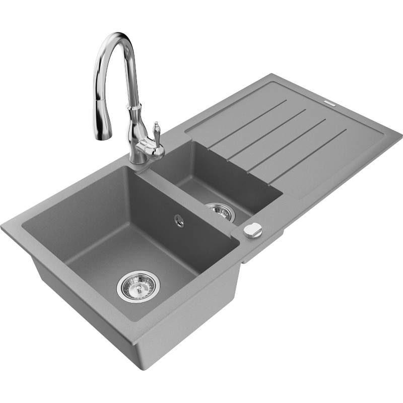 Mexen Andres granitinis plautuvė 1,5 skylių su nutekėjimu ir virtuvinis maišytuvas Savita, pilka - 6515-71-672601-00