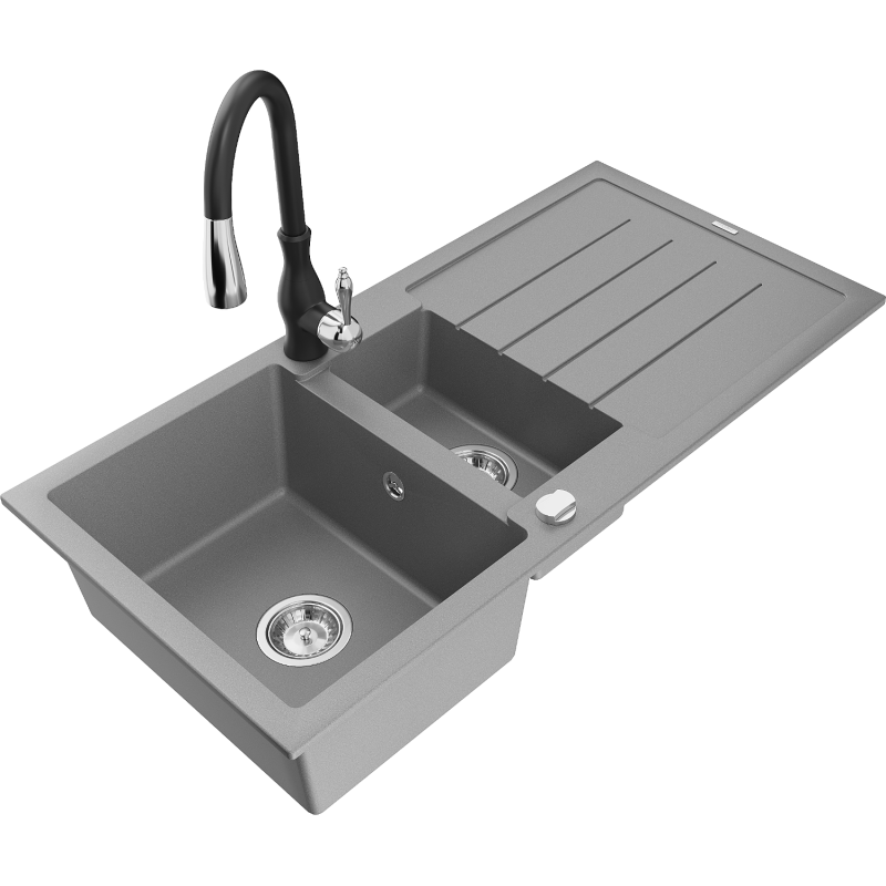 Mexen Andres 1,5 kamerų granito kriauklė su nuotaka ir virtuvine baterija Savita, pilkas - 6515-71-672601-70