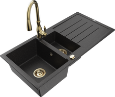 Mexen Andres granitinė 1,5 kamerų kriauklė su nutekėjimo zona ir virtuviniu maišytuvu Savita, juoda/sidabrinė