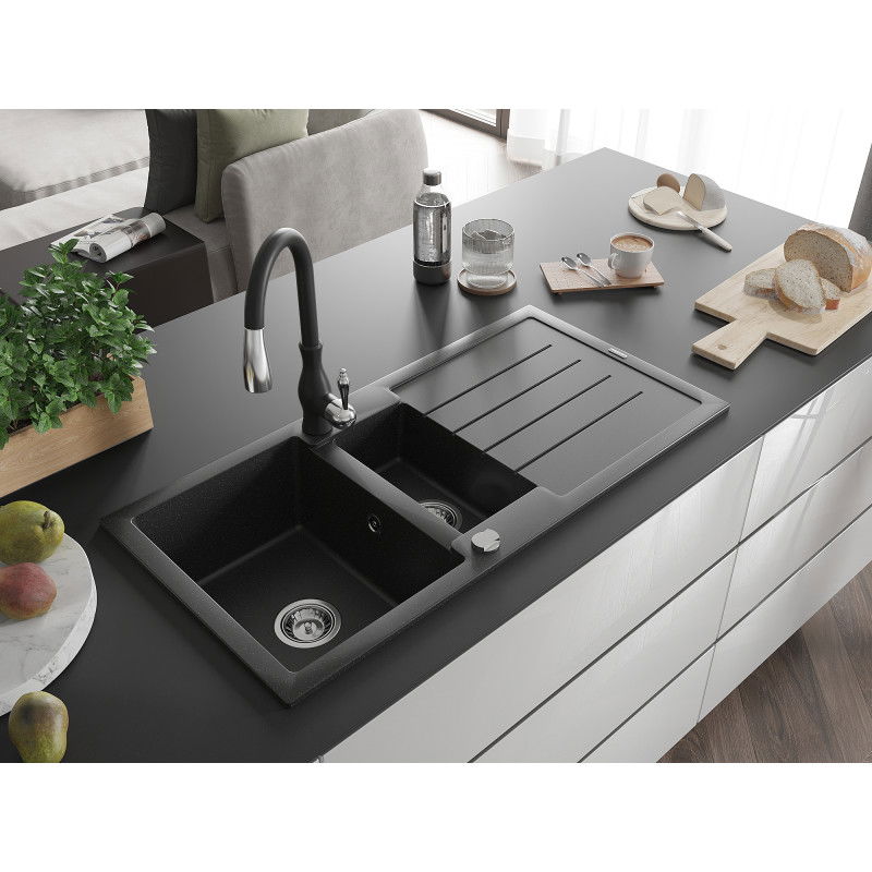 Mexen Andres 1,5 skylių granitinė plautuvė su nutekamu ir virtuviniu maišytuvu Savita, juodas/sidabrinis - 6515-73-672601-70