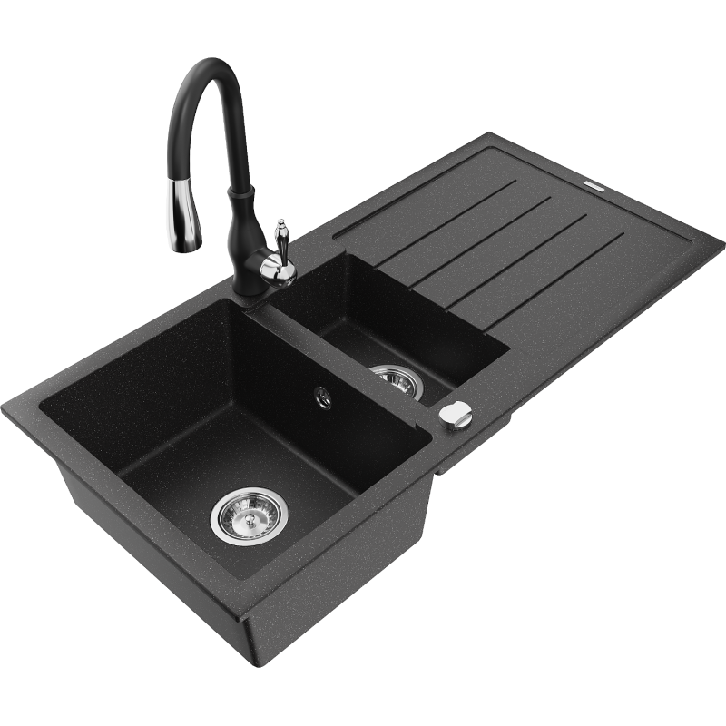 Mexen Andres 1,5 skylių granitinė plautuvė su nutekamu ir virtuviniu maišytuvu Savita, juodas/sidabrinis - 6515-73-672601-70