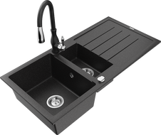 Mexen Andres 1,5 skylių granitinė plautuvė su nutekamu ir virtuviniu maišytuvu Savita, juodas/sidabrinis - 6515-73-672601-70