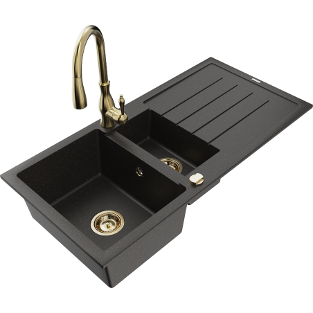 Mexen Andres grindinis virtuvinis stalviršis 1,5 skyrių su nutekėjimu ir Savita virtuvės maišytuvu, juodas/auksinis