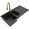 Mexen Andres granitinė plautuvė su 1,5 kameromis ir nutekėjimo kanalu bei virtuviniu maišytuvu Savita, juoda/auksinė
