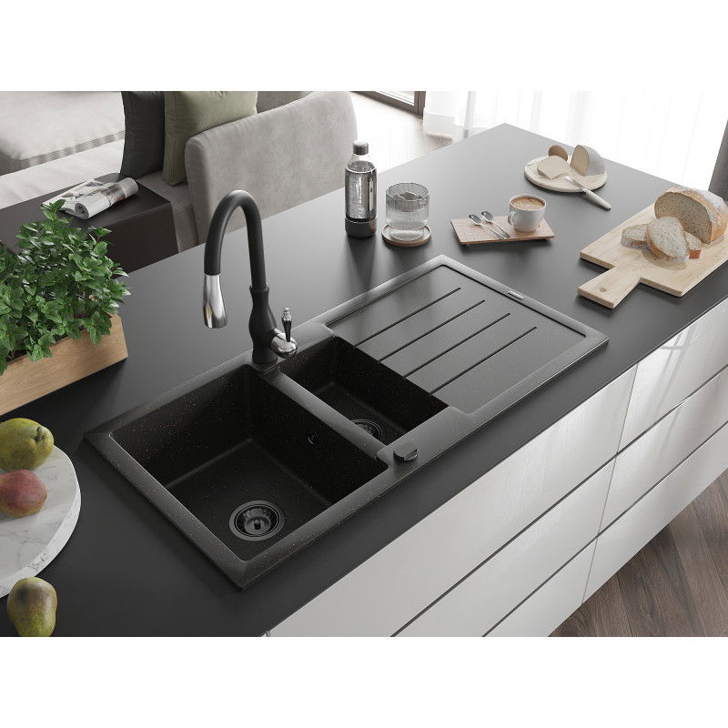 Mexen Andres granitinis 1,5 kameros plautuvės su nutekėjimu ir virtuvės maišytuvu Savita, juodas/auksinis - 6515-75-672601-70-B