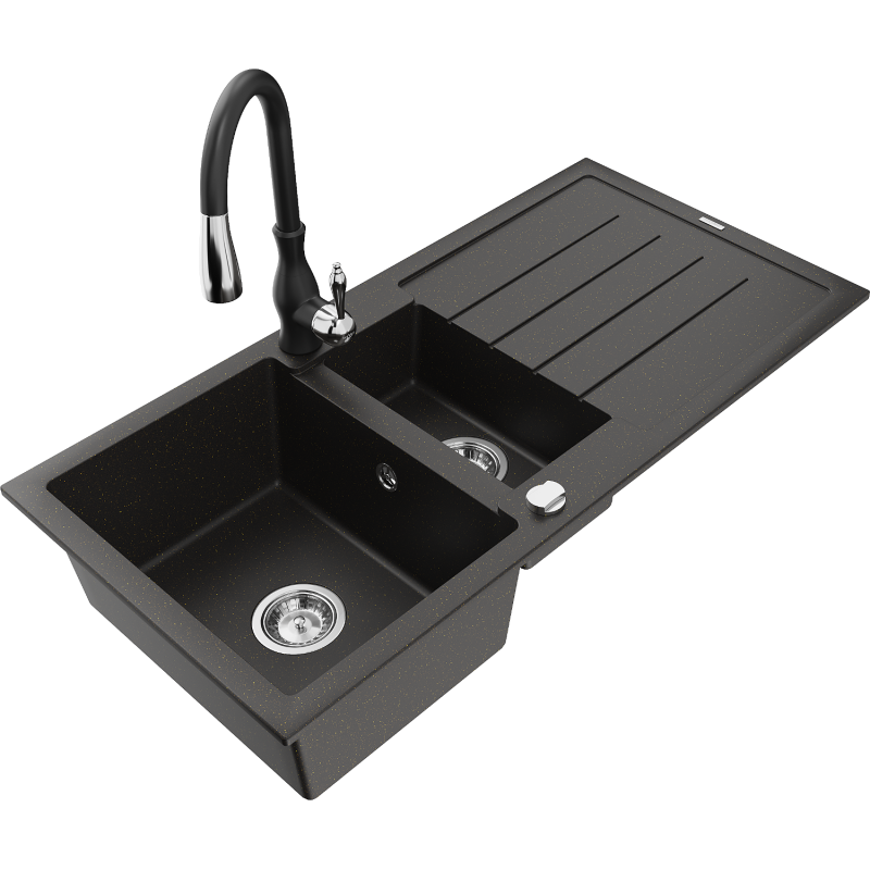 Mexen Andres 1,5 skylių granito plautuvė su nusausintuvu ir virtuviniu maišytuvu Savita, juoda/auksinė metalikas