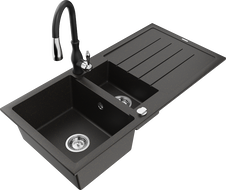 Mexen Andres 1,5 skylių granito plautuvė su nusausintuvu ir virtuviniu maišytuvu Savita, juoda/auksinė metalikas