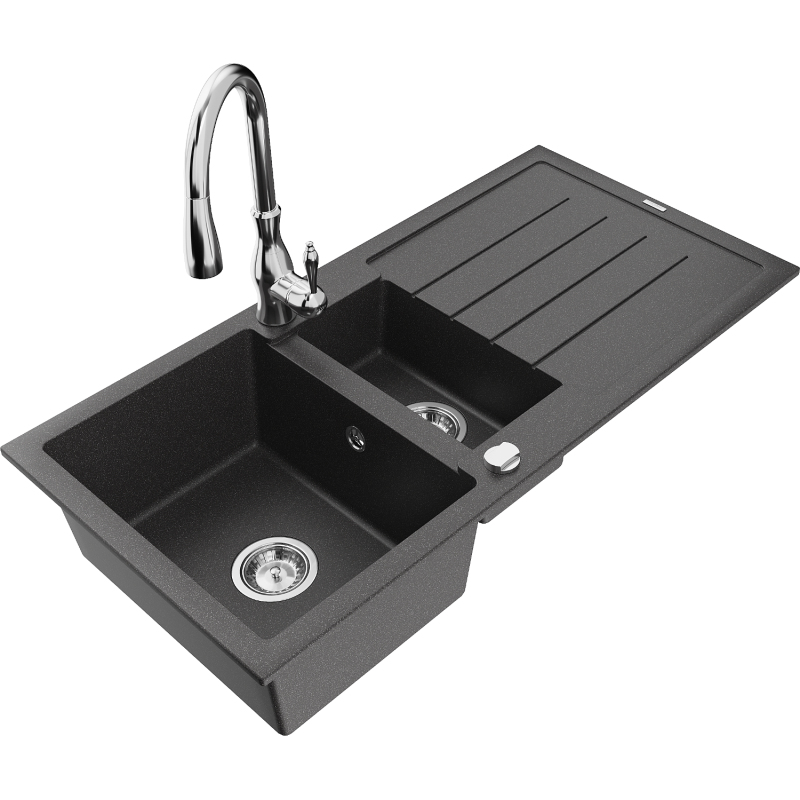 Mexen Andres granitinė 1,5 kamerų plautuvė su nusausintuvu ir virtuviniu maišytuvu Savita, juoda dėmėta