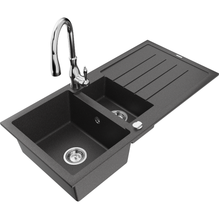 Mexen Andres granitinė 1,5 kamerų plautuvė su nusausintuvu ir virtuviniu maišytuvu Savita, juoda dėmėta