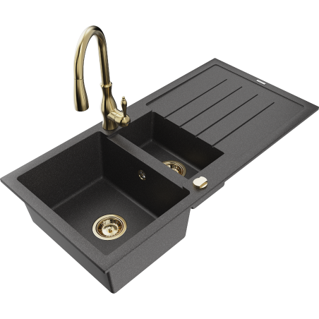 Mexen Andres 1,5-Šulinio granitinis plautuvas su džiovykla ir virtuviniu maišytuvu Savita, juodas taskuotas