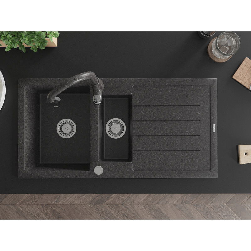 Mexen Andres 1,5 kamerų granitinis kriauklė su lašintuvu ir virtuviniu maišytuvu Savita, juodas taškuotas