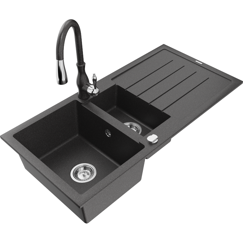 Mexen Andres 1,5 kamerų granitinis kriauklė su lašintuvu ir virtuviniu maišytuvu Savita, juodas taškuotas