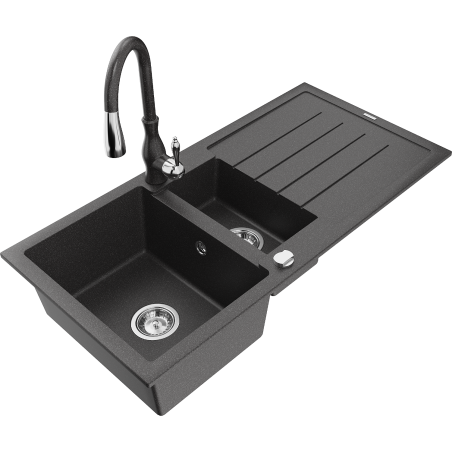 Mexen Andres 1,5 kamerų granitinis kriauklė su lašintuvu ir virtuviniu maišytuvu Savita, juodas taškuotas