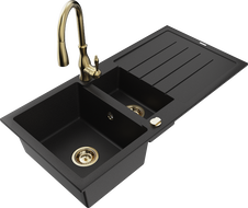 Mexen Andres granitinis kriauklė 1,5 kamerų su nusausintuvu ir virtuvės maišytuvu Savita, juoda - 6515-77-672601-50