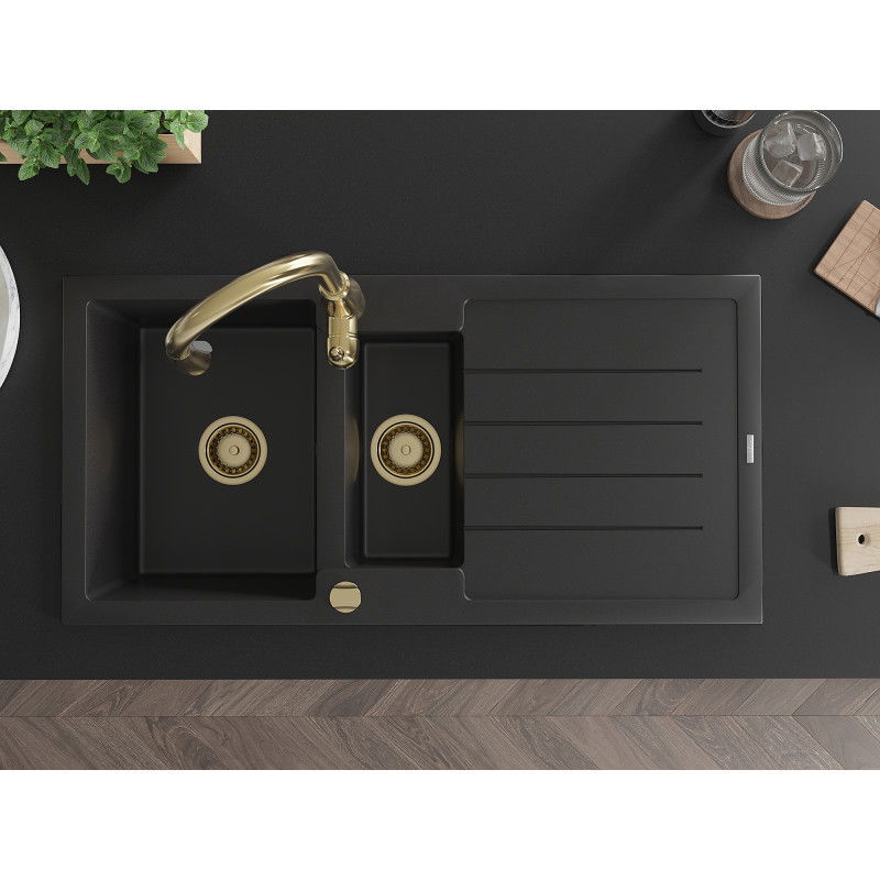 Mexen Andres granitinis kriauklė 1,5 kamerų su nusausintuvu ir virtuvės maišytuvu Savita, juoda - 6515-77-672601-50