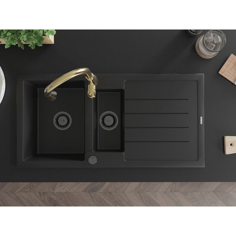 Mexen Andres granitinis 1,5 kameros plautuvė su nubėgikliu ir virtuvės maišytuvu Savita, juodas - 6515-77-672601-50-B