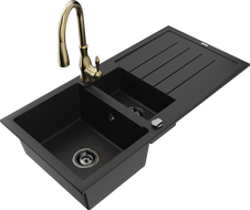 Mexen Andres granitinis 1,5 kameros plautuvė su nubėgikliu ir virtuvės maišytuvu Savita, juodas - 6515-77-672601-50-B