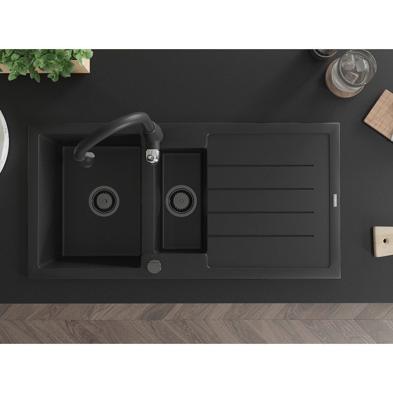 Mexen Andres granitinė virtuvės kriauklė 1,5 skylių su nubėgimu ir maišytuvu Savita, juoda - 6515-77-672601-70-B