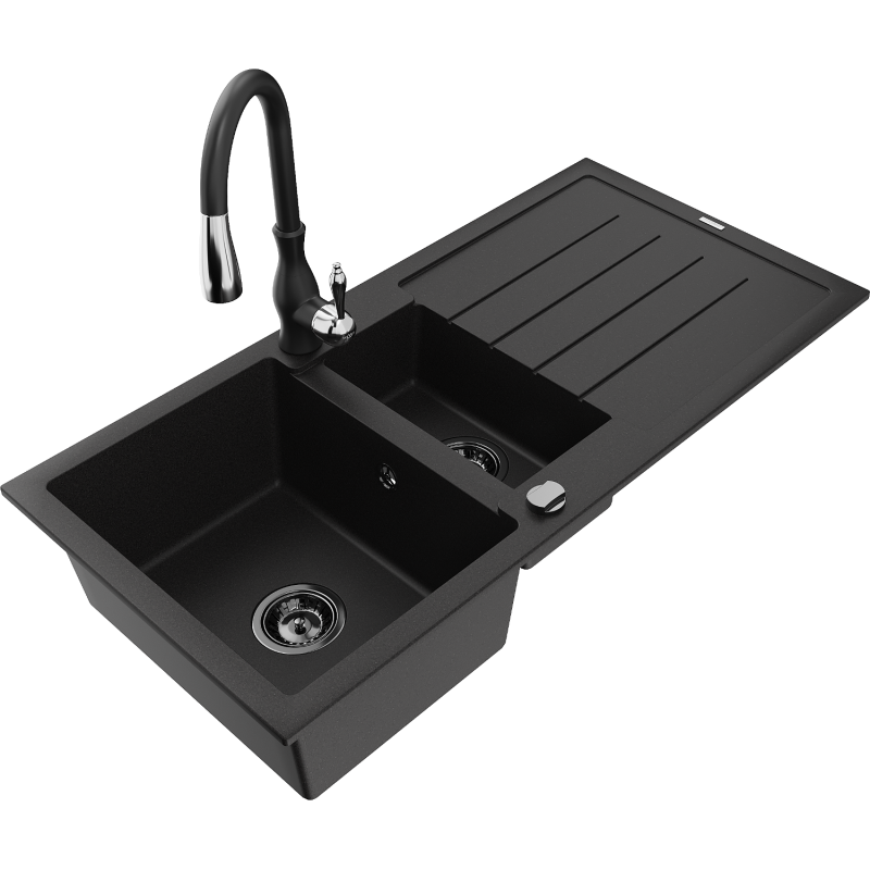 Mexen Andres granitinė virtuvės kriauklė 1,5 skylių su nubėgimu ir maišytuvu Savita, juoda - 6515-77-672601-70-B