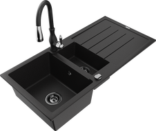 Mexen Andres granitinė virtuvės kriauklė 1,5 skylių su nubėgimu ir maišytuvu Savita, juoda - 6515-77-672601-70-B