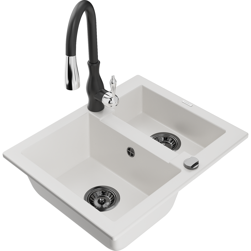 Mexen Carlos granito plautuvė 1,5 kamerų su virtuviniu maišytuvu Savita, baltas - 6518-20-672601-70