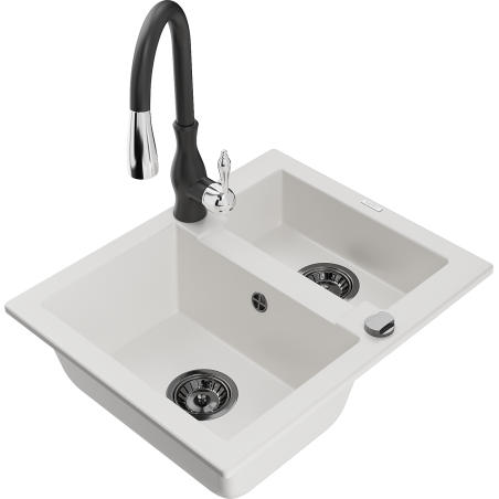 Mexen Carlos granito plautuvė 1,5 kamerų su virtuviniu maišytuvu Savita, baltas - 6518-20-672601-70