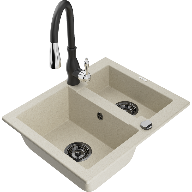 Mexen Carlos granitinė 1,5 sekcijų kriauklė su virtuviniu maišytuvu Savita, smėlio spalvos - 6518-69-672601-70