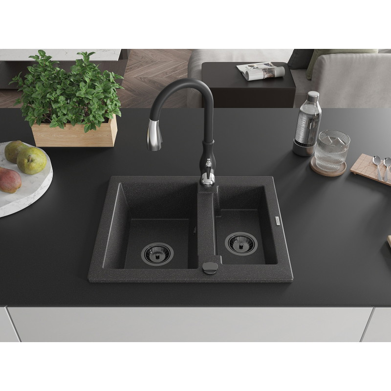 Mexen Carlos granitinė 1,5 kamerų plautuvė su virtuviniu maišytuvu Savita, juoda taškuota - 6518-76-672601-70-B