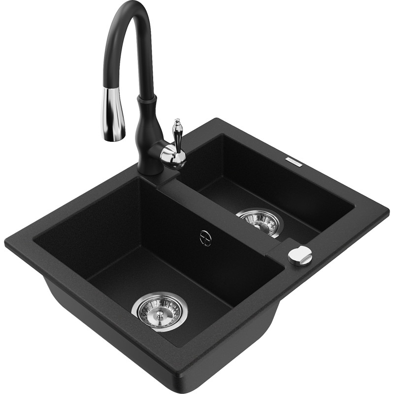 Mexen Carlos granitinė 1,5 dubens kriauklė su virtuves maišytuvu Savita, juoda - 6518-77-672601-70