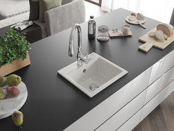 Mexen Milo granitinė vienos kameros kriauklė su virtuviniu maišytuvu Savita, balta - 6505-20-672601-00