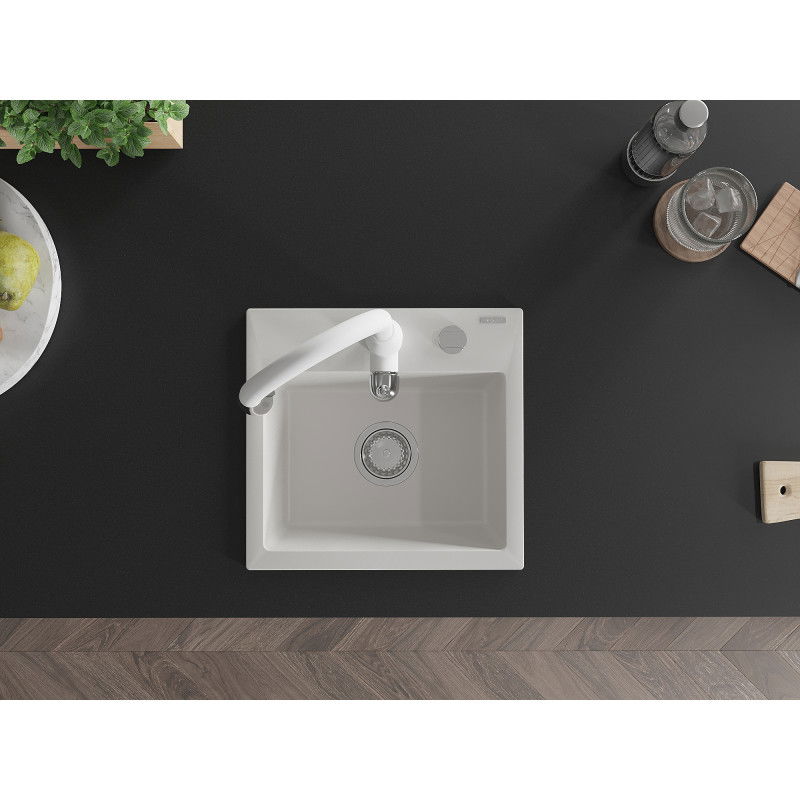 Mexen Milo granitinis 1-sekcijos virtuvės kriauklė su Savita maišytuvu, baltas - 6505-20-672601-20